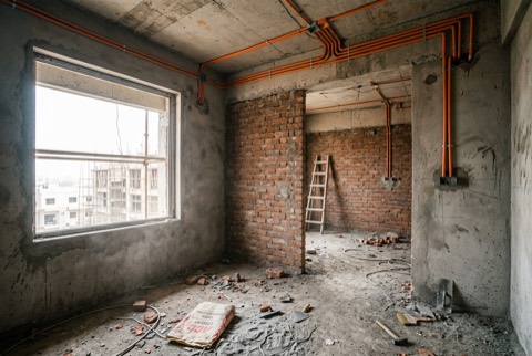 Mid-construction Indian apartment interior with electrical conduit visible in the walls