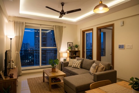 The same flat finished: show-flat living room with smart lighting, warm and realistic