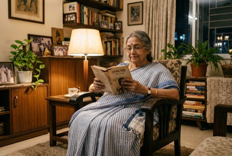 An elderly Bengali woman reading in a warm, softly lit living room, dignified and at ease