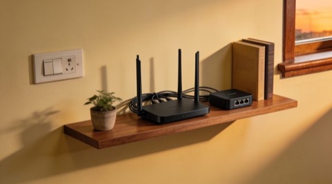 A small home network video recorder beside a router on a shelf, tidy cabling, warm domestic light