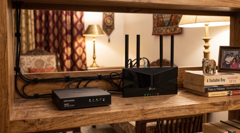 A small home network video recorder beside a router on a shelf, tidy cabling, warm domestic light