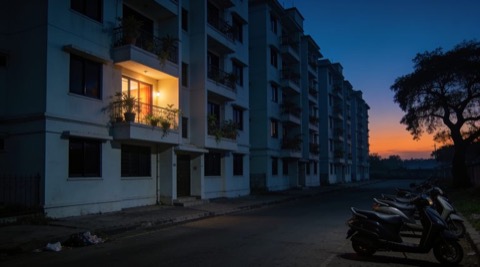 Kolkata street at dusk, one apartment's windows glowing warmly while the neighbourhood is dark — the home that keeps running