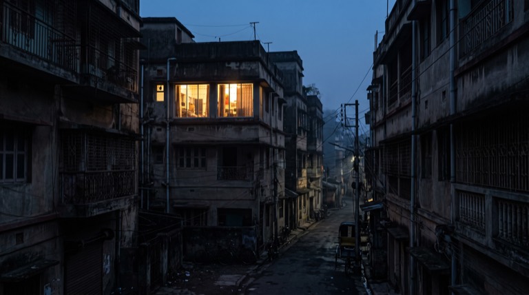 Kolkata street at dusk, one apartment's windows glowing warmly while the neighbourhood is dark — the home that keeps running