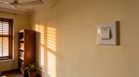 Warm Indian apartment living room in afternoon light — wall switchboard, teak louvred shutters, ceiling fan and bookshelf