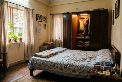 Master bedroom of a Kolkata apartment near midday, wardrobe and curtains, warm and lived-in