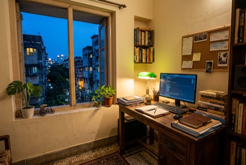 Study corner in early evening, desk lamp on, computer and books